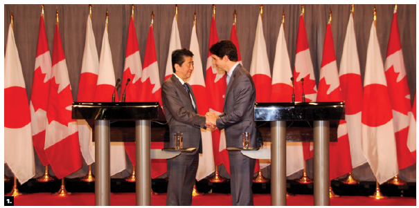 Prime Minister Justin Trudeau and Japanese Prime Minister Shinzo Abe (left) held a joint press conference at the Sir John A. Macdonald Building. Prior to that, the two signed several memorandums of understanding. (Photo: Ülle Baum) 