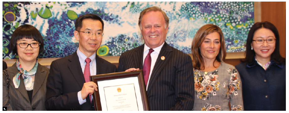 Then-Chinese Ambassador Lu Shaye hosted a reception at the embassy to present the "Ambassador's Award" to Lee Edward Errett, a professor of surgery at the University of Toronto and the president of the Bethune Medical Development Association of Canada, for his dedication to the development of China-Canada relations. From left: Wang Liwen, Ambassador Shaye’s wife; Lu; Errett; his wife, Mitze Mourinho; and Chinese deputy chief of mission Chen Mingjian. (Photo: Ülle Baum) 