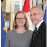 To mark the 69th anniversary of the Schuman Declaration, EU Ambassador Peteris Ustubs hosted a reception at the National Arts Centre. He’s shown with MP Karina Gould. (Ülle Baum)