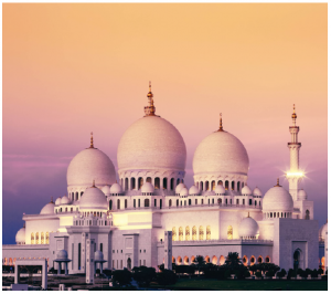 Sheikh Zayed Grand Mosque in Abu Dhabi at first appears to be a larger version of the Taj Mahal. Named after founding president Sheikh Zayed Al Nahyan, it is also his burial site. (Photo: Embassy of UAE)