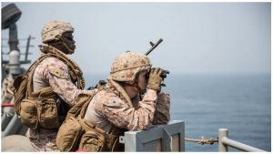 American naval personnel provide security aboard the amphibious dock landing ship USS Harpers Ferry during a Strait of Hormuz transit.