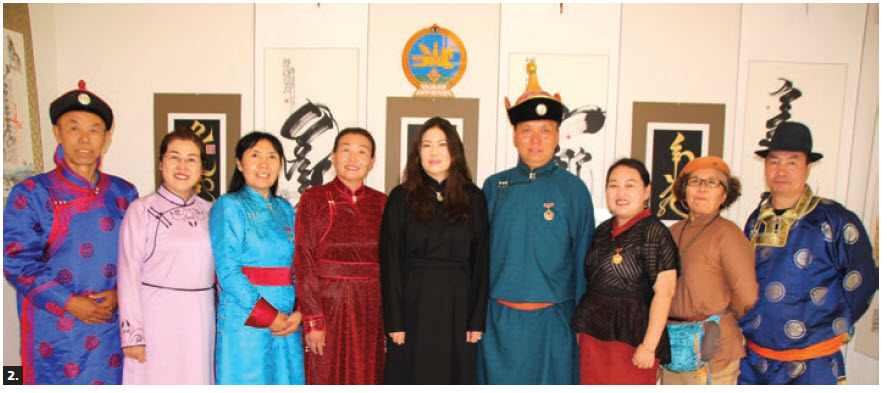 A week-long international exhibition of Mongolian calligraphy took place at the Embassy of Mongolia. A group of participating Mongolian artists in national costumes stand in front of their artwork. (Photo: Ülle Baum)