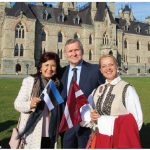 The annual Baltic Unity Day took place on Parliament Hill. Estonian Ambassador Toomas Lukk is flanked by his wife, Piret Lukk, and Inara Eihenbauma, wife of the Latvian ambassador Karlis Eihenbaums. (Photo: Ülle Baum)
