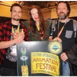 The 43rd annual Ottawa International Animation Festival took place. From left: Estonia’s Sergei Kibus holding a mold of his film’s main character — a cat named Teofrastus — along with Chintis Lundgren (Estonia) and producer Draško Ivezič (Croatia.) (Photo: Ülle Baum)