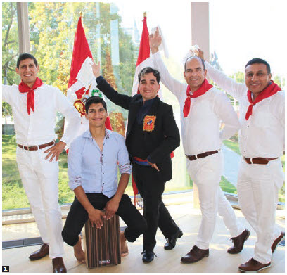 The military, naval and air attachés of Peru organized a fellowship luncheon with Peruvian food and folklore dances at the National Arts Centre for Ottawa’s Service Attaché Association. From left: Capt. Marco Arancivia, Peruvian naval attaché; musician Luis Alvarado, holding his Cajon Peruano musical instrument; marinera champion dancer Ricardo Llerena; Col. Fernando San Martin, Peruvian defence and air attaché; and Col. Jorge Contreras, Peruvian military attaché. (Photo: Ülle Baum) 