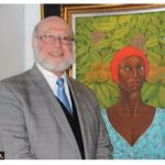 The Embassy of the Dominican Republic and its Cultural Heritage Foundation hosted an art exhibition at Ottawa City Hall. Dominican Ambassador Pedro Luciano Verges Ciman is shown here, with one of the paintings. (Photo: Ülle Baum)
