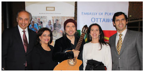 The embassy of Portugal and the Aga Khan Development Network’s Diplomatic Office hosted a concert by Remigio Pereira, a founding member of The Tenors, at the Delegation of the Ismaili Imamat. From left: Mahmoud Eboo, Ottawa's resident representative of the Aga Khan; his wife, Karima Eboo; Remigio Pereira, Claudia Pereira and her husband, João Paulo Costa, Portuguese Embassy counsellor and deputy head of mission, after the show. (Photo: Ülle Baum) 