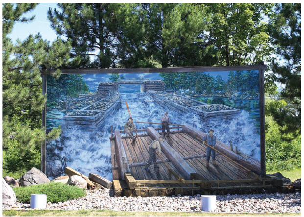 Pembroke has an outdoor art gallery. Known as the Pembroke Heritage Murals, there are 30 of them, painted by artists of local and national renown and depicting the history of the area. (Photo: “The Timber Raft” artist Pierre Hardy, 2004, Pembroke Heritage Murals © since 1989”)