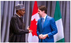 Nigerian President Muhammadu Buhari and Prime Minister Justin Trudeau met on the margins of the 33rd OAU Summit in Addis Ababa in February 2020. (Photo: @ NGRPresident)