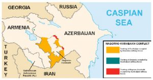 This map details the long-simmering dispute between Azerbaijan and Armenia over Nagorno-Karabakh, which reached the boiling point this autumn. (Photo: Marshall Bagramyan)