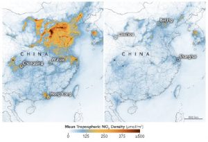 This image shows the nitrogen dioxide density change in China, due to the COVID-19 pandemic. (Photo: earthobservatory.nasa.gov)