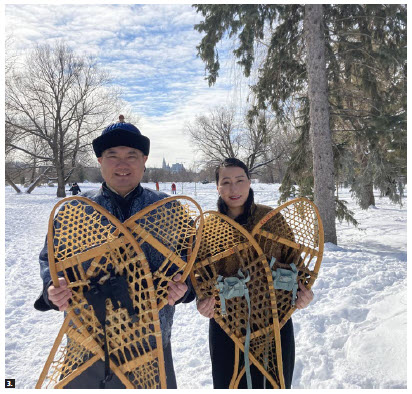 Mongolian Ambassador Ariunbold Yadmaa and his wife, Enkhtuya Ayurzana, joined other diplomatic families in winter sports activities and learned snowshoeing. Here they hold traditional Canadian snowshoes in New Edinburgh Park before heading out for a workout on the banks of the Ottawa River. (Photo: Ülle Baum)