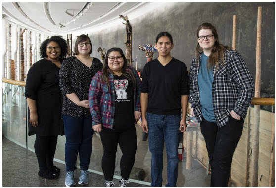 RBC Indigenous Internship Program co-ordinator Gaëlle Mollen, left, at the Canadian Museum of History, with interns Sarah Monnier, Kaitlyn Stephens, Shaun Canute and Skylar-James Wall. Their display, titled Rekindled — Tradition, Modernity and Transformation in Indigenous Cultures, invites you to “witness the sparks currently reigniting the flames of our cultures.” (Photo: Canadian Museum of History)