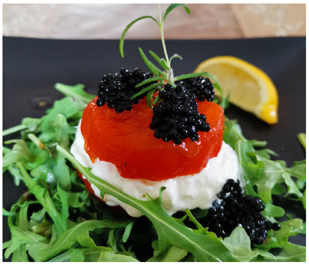Burrata Persimmon Stacks with Caviar are a heavenly starter for any meal. (Photo: HEadshot: Michelle Valberg; Margaret Dickenson)