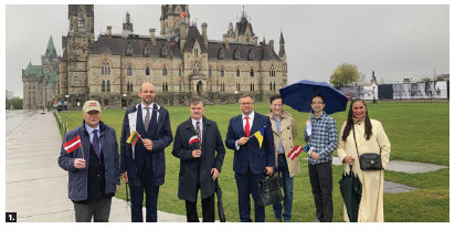 The embassies of Latvia and Lithuania hosted a Balts Unity Day celebration. From left: Latvian Ambassador Karlis Eihenbaums; Lithuanian Ambassador Darius Skusevicius; Polish Ambassador Andrzej Kurnicki; Ukrainian minister-counsellor Andrii Bukvych; Antoine Pouliot, desk officer for Estonia, Latvia and Lithuania at Global Affairs Canada; Paul Laanemets, member of the Estonian Central Council in Canada; and Hélène Cayer, Algonquin woman and member of the Friends of Library and Archives Canada. (Photo: Ülle Baum) 