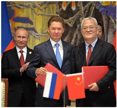 Vladimir Putin, left, Gazprom management committee chairman Alexei Miller, centre, and China National Petroleum Corporation chairman Zhou Jiping in 2014 after China and Russia signed a 30-year gas deal worth $40 billion. (Photo: Kremlin)