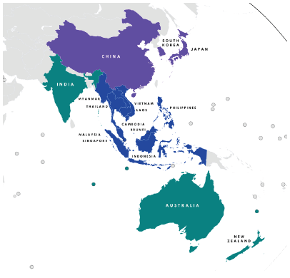 The dialogue partners of ASEAN, namely the Plus 3 (China, Japan, South Korea in purple) and Plus 6 (India, Australia, New Zealand in green, with China, Japan and South Korea to make six) groups are shown here. ASEAN members are blue. (Photo: Asie.svg)