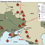 This map shows the state of Russia’s combat readiness as of Fall 2021 as it surrounds Ukraine, also using Moldova as a battle launch site. An estimated 122,000 soldiers are in position, along with military hospitals for the wounded. This doesn’t include the air or naval forces in the Black Sea. (Map courtesy of Heather Domereckyj)