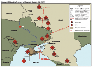  This map shows the state of Russia’s combat readiness as of Fall 2021 as it surrounds Ukraine, also using Moldova as a battle launch site. An estimated 122,000 soldiers are in position, along with military hospitals for the wounded. This doesn’t include the air or naval forces in the Black Sea. (Map courtesy of Heather Domereckyj)