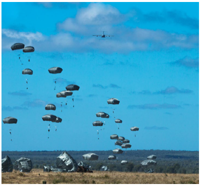 Army paratroopers jump into a drop zone during Exercise Talisman in Queensland, Australia, in July 2021. The exercise addresses the full range of potential security concerns in the Indo-Pacific. (Photo: US defense photo)