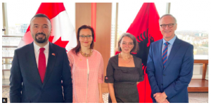 To mark the 109th anniversary of Albanian independence, Ambassador Ermal Muca and his wife, Alma, hosted a reception at the Westin. From left: The Mucas, MP Julie Dabrusin and MP Rob Oliphant. (Photo: Ülle Baum) 