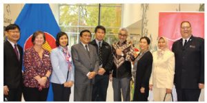 The ASEAN Committee in Ottawa (ACO) presented a generous donation to Bethany Hope Centre. From left: then-Thai chargé d'affaires Thanapol Wang-Om-Klang; Sandra Randall, executive director of Bethany Hope Centre; then-Vietnam chargé d'affaires Huong Tra Nguyen; Myanmar Ambassador Kyaw Myo Htut; Brunei High Commissioner Kamal Bashah PG Ahmad; Indonesian Ambassador and ACO chairman Abdul Kadir Jailani, Philippines Ambassador Petronila P. Garcia, Malaysian High Commissioner Dato’ Nor'Aini Abd Hamid and the Salvation Army’s Glenn van Gulik. (Photo: Ülle Baum) 