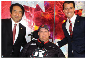 Japan Day, a Paralympics promotional event, was held at TD Place arena. The event was organized in collaboration with the Embassy of Japan, the Canadian Cerebral Palsy Sports Association, the Ontario Cerebral Palsy Sports Association, Boccia Canada, the Canadian Paralympic Team and the Ottawa Japanese Community Association and Cultural Centre. From left: Japanese Ambassador Yasuhisa Kawamura, Ottawa Boccia athlete Bryce Desrochers and MP Adam van Koeverden. (Photo: Ülle Baum) 