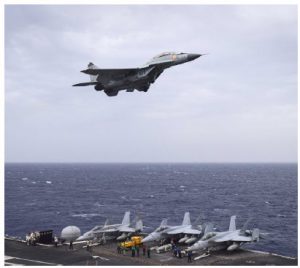 Shifting alliances 10 An Indian navy MIG-29K Fulcrum aircraft flies over the aircraft carrier USS Nimitz in the Bay of Bengal during Exercise Malabar between the Indian navy, Japanese maritime self-defence force and U.S. navy. It addresses shared threats to maritime security in the Indo-Asia-Pacific region. (Photo: Mass Communication Specialist 3rd Class Weston A. Mohr/U.S. Navy)