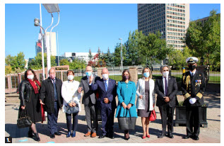 A flag-raising ceremony in honour of the National Day of Chile took place at Ottawa City Hall. From left: Sara Cohen, director general for the Latin American and Caribbean Bureau at Global Affairs Canada; Stewart Wheeler, chief of protocol; Maria Cecilia Beretta, wife of Chilean Ambassador Alejandro Marisio; Michael Grant, assistant deputy minister for the Americas at Global Affairs Canada; Chilean Ambassador Alejandro Marisio; Honduran Ambassador Sofia Cerrato, Sonia Diaz, president of the Canadian-Chilean Women’s Association of Ottawa, Jaime Contreras, former consul general of Chile in Montreal, and Chilean defence attaché Capt. Juan Soto. (Photo: Ülle Baum) 