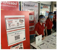 This supermarket in Bangkok requires visitors to scan a QR code before entering. Staff are doubly protected with face masks and shields. (Photo: chainwit)