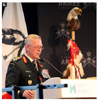 Gen. Jonathan Vance, chief of defence staff, spoke on Indigenous Veterans Day at the Canadian War Museum, when the donated Normandy Warrior, a painting by Ottawa artist Elaine Goble, was unveiled. It’s a tribute to Pte. Philip Favel’s service with the Royal Canadian Army Service Corps in the Second World War, and his post-war efforts as an advocate for Indigenous veterans. (Photo: Ülle Baum) 