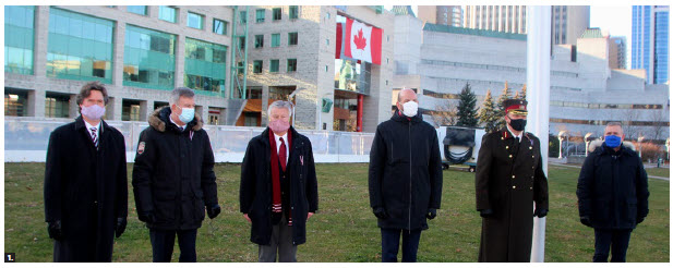 A flag-raising ceremony on the occasion of Latvia’s 102nd anniversary took place at Ottawa City Hall. From left: Robert R. A. Fry, director-general of the Bureau of European Affairs at Global Affairs Canada, Ottawa Mayor Jim Watson, Latvian Ambassador Karlis Eihenbaums, Lithuanian Ambassador Darius Skusevicius, Col. Agris Ozolins, Latvia’s defence, military, naval and air attaché, and Estonian Ambassador Toomas Lukk. (Photo: Ülle Baum) 