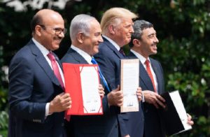 Then-Bahraini foreign minister Abdullatif bin Rashid Al-Zayani, Israeli Prime Minister Benjamin Netanyahu, then-U.S. president Donald Trump and UAE Foreign Minister Abdullah bin Zayed Al Nahyani take part in the signing of the Abraham Accords in 2020. (Photo: Official White House Photo by Joyce N. Boghosian)