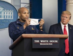 U.S. Surgeon General Jerome Adams urges citizens to wear masks in public at a coronavirus briefing in April 2020 at the White House. Mixed messages continued through the pandemic as officials educated themselves on the virus and the best ways to contain it. (Photo: Official White House Photo by Shealah Craighead)