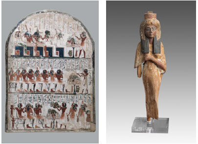 A funerary stelae, left, discovered in the tomb of the Deir el-Medina, and a figurine of Ahmose-Nefertari, from Queens of Egypt at the Canadian Museum of History. (Photo: Museo Egizio, Turin, Italy)