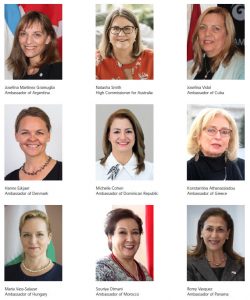 Diplomat invited all 29 woman ambassadors to participate in a question-and-answer session with editor Jennifer Campbell. These nine women, along with Melita Gabric, who chairs the group, agreed to participate. (Photo: Australian High commissioner by James Park)