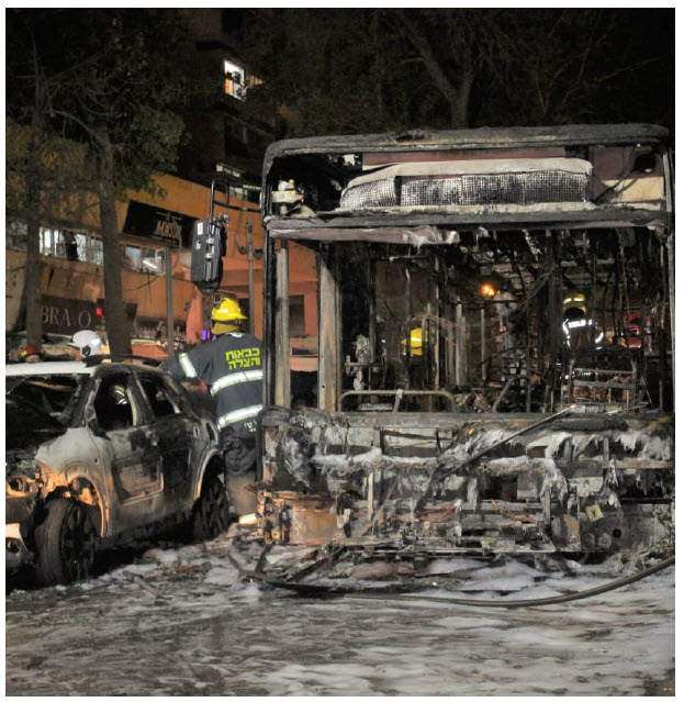 This bus and car were hit by rockets in Holon, a central coastal industrial city in Israel, during the conflict between Israel and the Palestinians in May. (Photo: Yoav Keren)