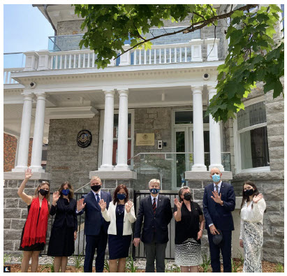 Also at the Estonian flag-raising, from left, Anne-Ly Ader, consul at the embassy, EU Ambassador Melita Gabric, Ambassador Lukk and his wife, Piret, Latvian Ambassador Karlis Eihenbaums,  Maryse Guilbeault, deputy chief of protocol for Canada, Lithuanian Ambassador Darius Skusevicius and Vanessa Gold, assistant to the ambassador. (Photo: Ülle Baum)