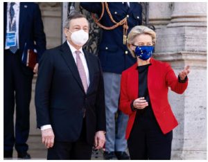 Italy and the European Union co-hosted the G20 Global Health Summit in the leadup to the G20 in Rome in October. Shown here are Italian Prime Minister Mario Draghi and EU Commission President Ursula von der Leyen. This year's G20 will focus on post-pandemic economic recovery. (Photo: EuropA European Commission)