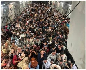  A U.S. Air Force C-17 Globemaster III transports 823 Afghans from Hamid Karzai International Airport on Aug. 15, 2021 after the U.S. military withdrew from the beleaguered country.  (Photo:  Air Mobility Command Public Affairs)