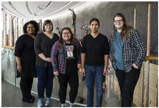 Long knives and a silent symphony 3 RBC Indigenous Internship Program co-ordinator Gaëlle Mollen, left, at the Canadian Museum of History, with interns Sarah Monnier, Kaitlyn Stephens, Shaun Canute and Skylar-James Wall. Their display, titled Rekindled — Tradition, Modernity and Transformation in Indigenous Cultures, invites you to “witness the sparks currently reigniting the flames of our cultures.” (Photo: Canadian Museum of History)