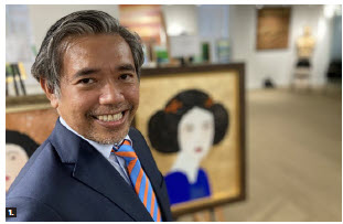 The Embassy of the Philippines organized a vernissage for Perspectives and Experimentation in Visual Arts featuring artworks by Alan Deniega, minister and consul-general; Jeffrey Salik, first secretary and consul; and Maria Teresa Narbuada. Here, Jeffrey Salik stands in front of his paintings. (Photo: Ülle Baum) 
