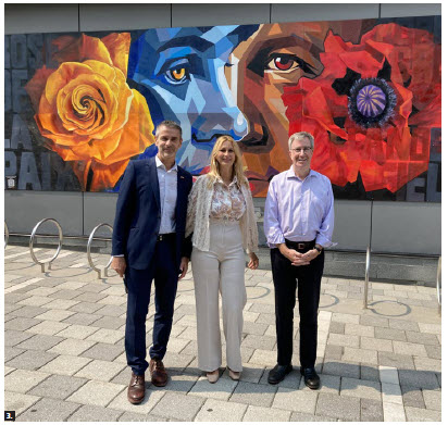 The Belgian Embassy hosted an official unveiling of the mural Peace Flowers by Belgian artist Tom Cech, a gift from Belgium to the City of Ottawa. From left: Johan Verkammen, then-Belgian ambassador, his wife Kathleen Billen and Ottawa Mayor Jim Watson. (Photo: Ülle Baum) 