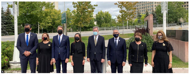 A flag-raising ceremony to commemorate the bicentennial celebration of the independence several Central American countries, including Costa Rica, Nicaragua, Honduras, El Salvador and Guatemala. This year, Panama and Dominican Republic also joined in the event, which took place at Ottawa City Hall. From left: Ambassadors Mauricio Ortiz Ortiz (Costa Rica), Romy Vasquez  (Panama), Maurizio Carlo Gelli (Nicaragua), Sofia Cerrato (Honduras), Ottawa Mayor Jim Watson, Ambassadors Ricardo Alfonso Cisneros Rodriguez (El Salvador), Guisela Atalida Godinez Sazo (Guatemala) and Michelle Cohen (Dominican Republic) attended. (Photo: Ülle Baum) 