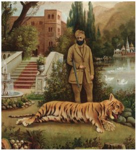 Maharaja with Tiger after a Hunt (a silver gelatin print with hand-colouring from India, dating to about 1890) is being shown at the Royal Ontario Museum in Toronto until Jan. 16, 2022. (The artist is unknown.) (Photo: Courtesy of Solander Collection)