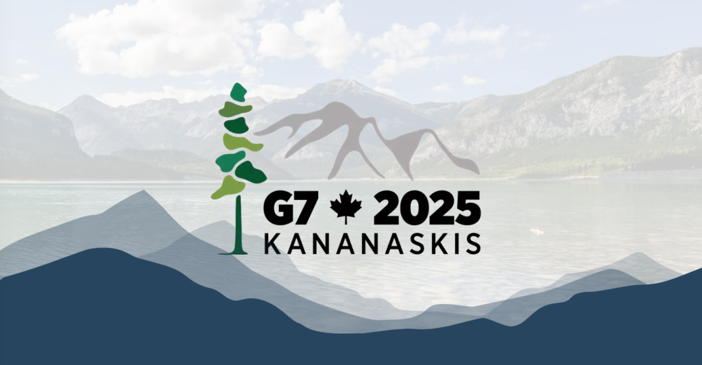 G7 2025 Kananaskis logo with mountains and lake background, symbolizing Canada's hosting of the summit.
