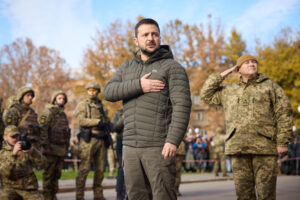  President Zelensky places hand on heart in Kherson, Ukraine, after liberation from Russian occupation.