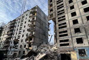  Destroyed residential buildings in Zaporizhzhia, Ukraine, after Russian shelling, highlighting the war’s civilian toll.