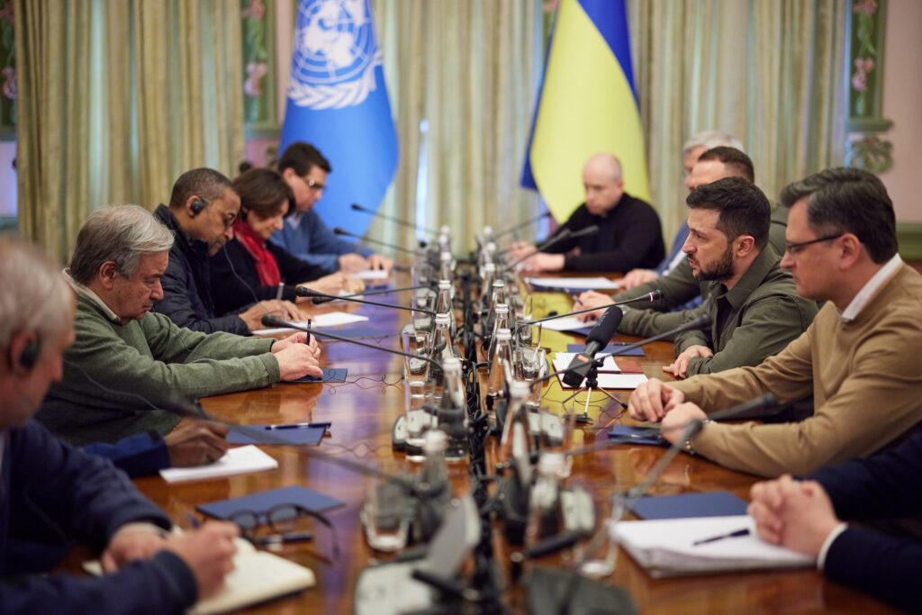 Ukrainian President Volodymyr Zelensky and UN Secretary-General António Guterres in a high-level diplomatic meeting in Kyiv.